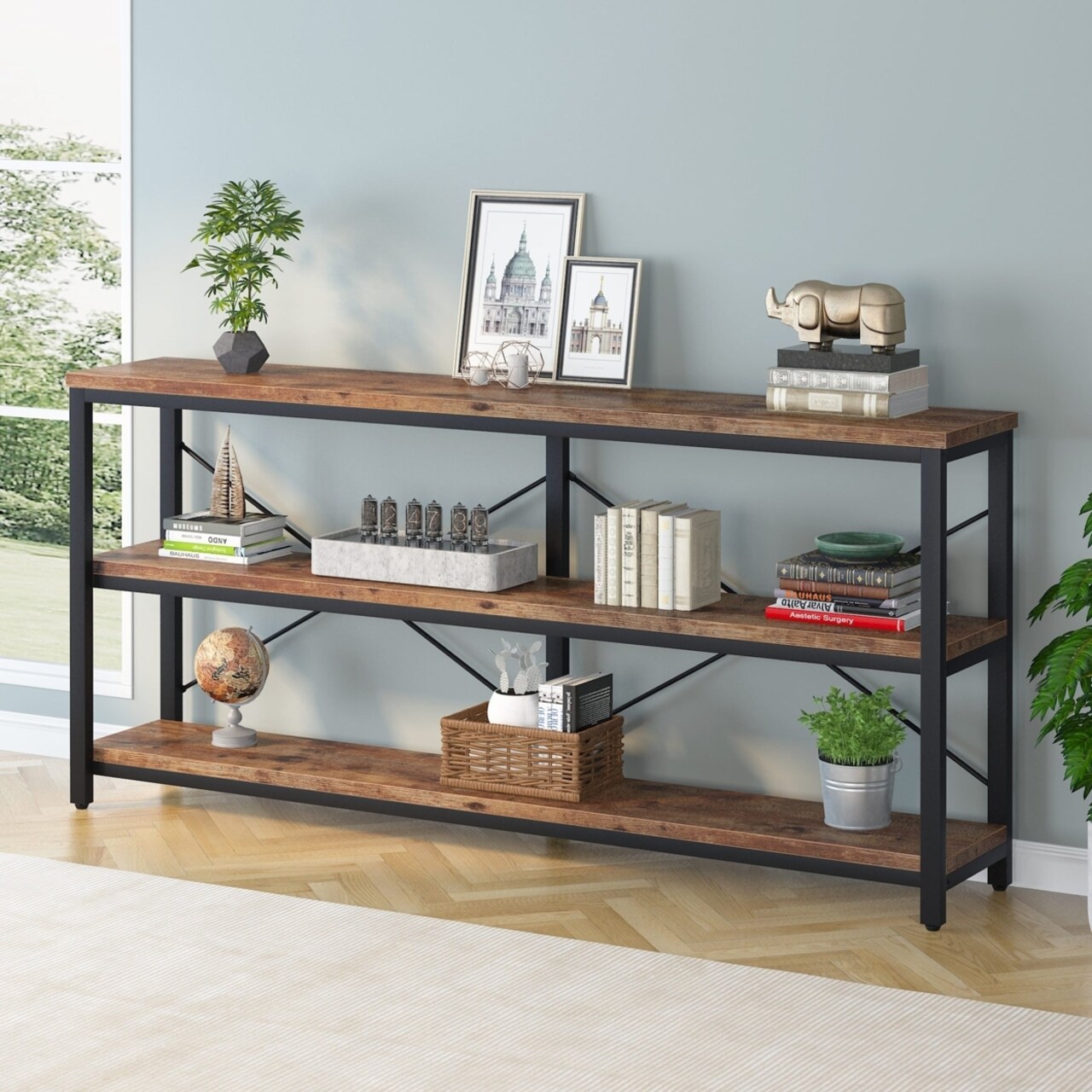 Tribesigns Sofa Table 70.8 Inch Extra Long Rustic Console 3 Tier Storage Shelves